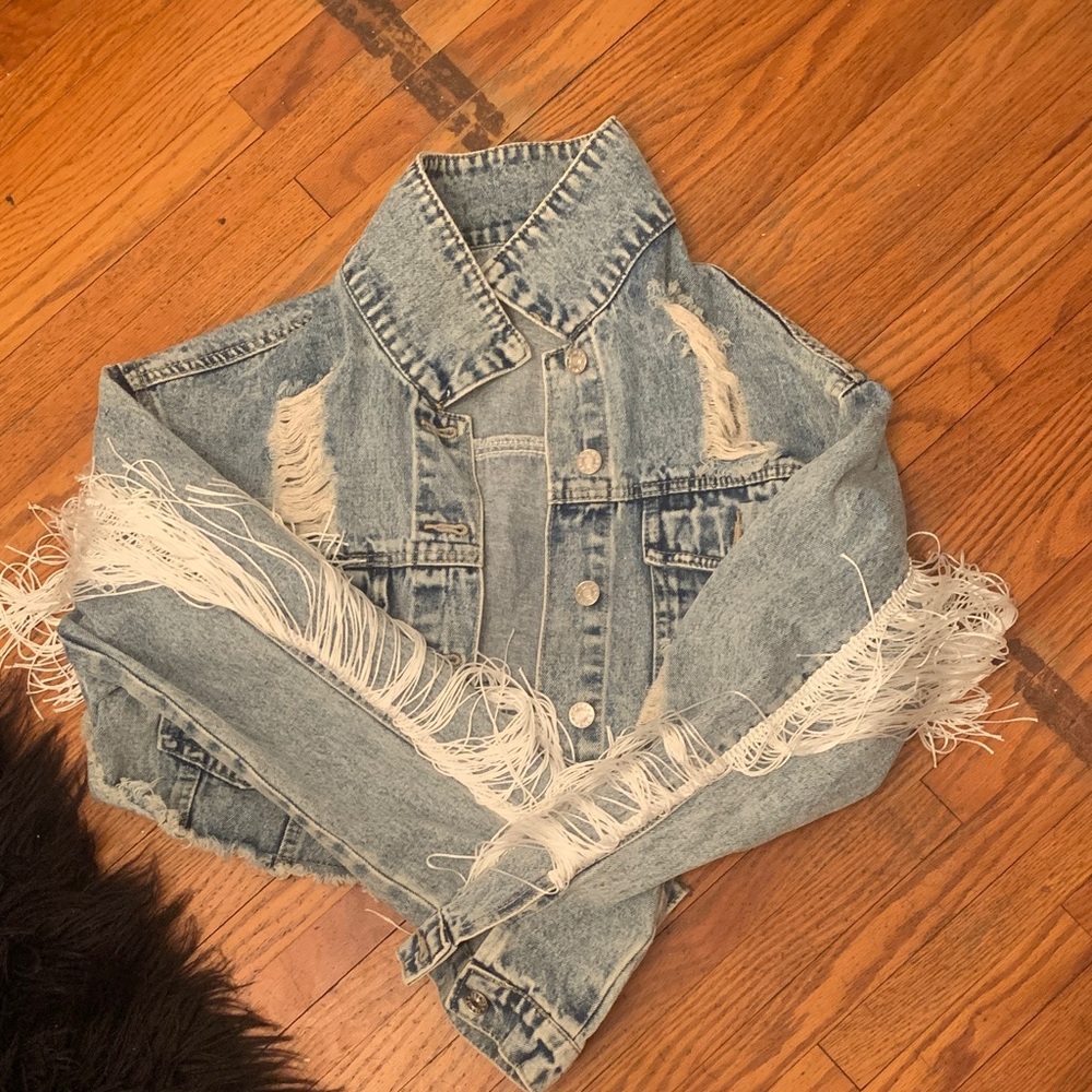 Fashion Nova Light Blue Distressed Fringe Jacket
